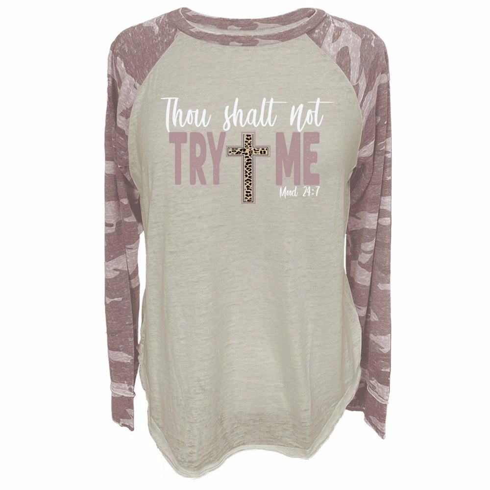Lincoln Outfitters Ladies Long Sleeve Thou Shalt Not Try Me Zephyr Camo T-Shirt - LO-LFR-09 - Long Sleeve Shirts Women's