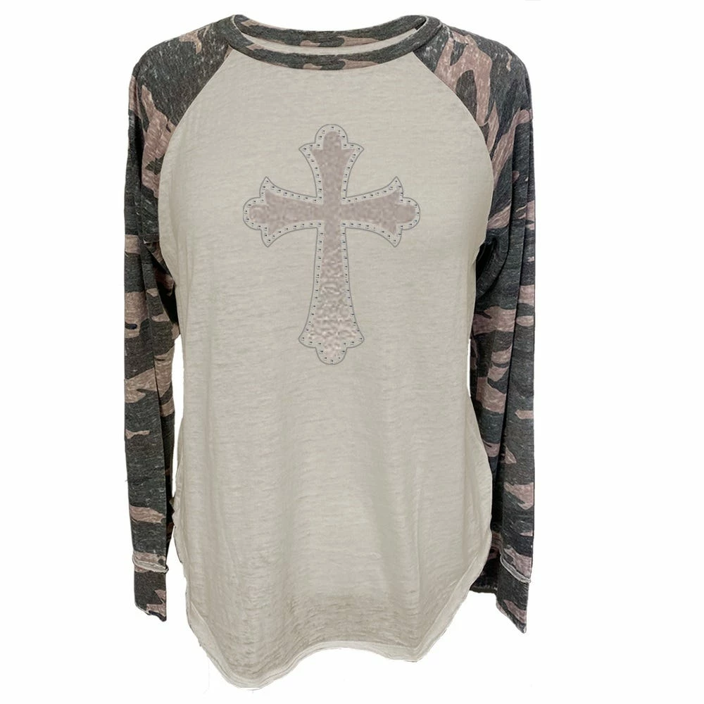 Lincoln Outfitters Ladies Long Sleeve Raglan Fashion Cross T-Shirt Camo - LO-LFR-08 - Long Sleeve Shirts Women's